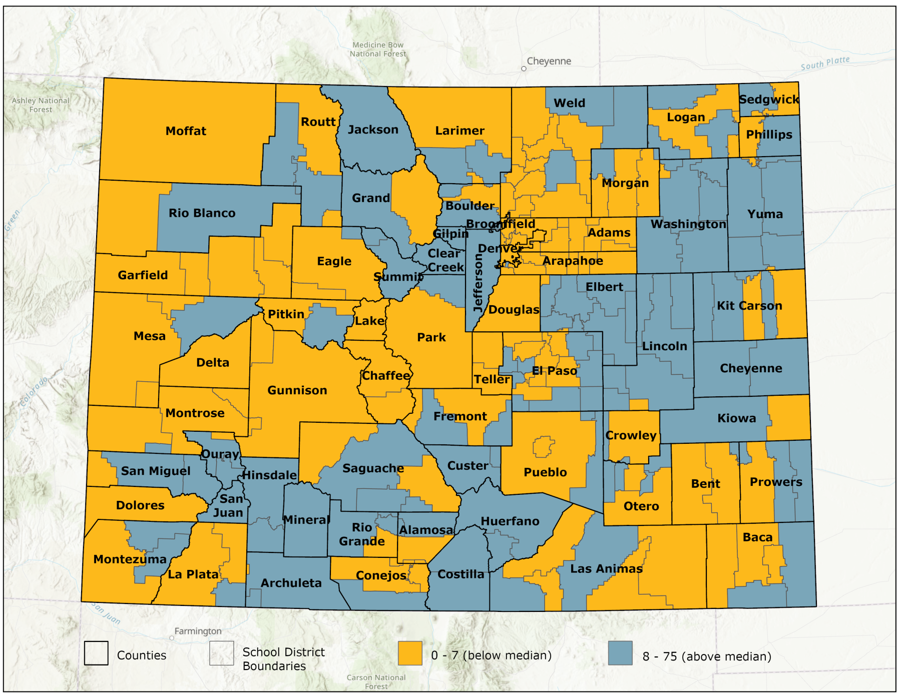 Colorado map showing school districts, color coded to show those above and below the median ratio of music and art teachers