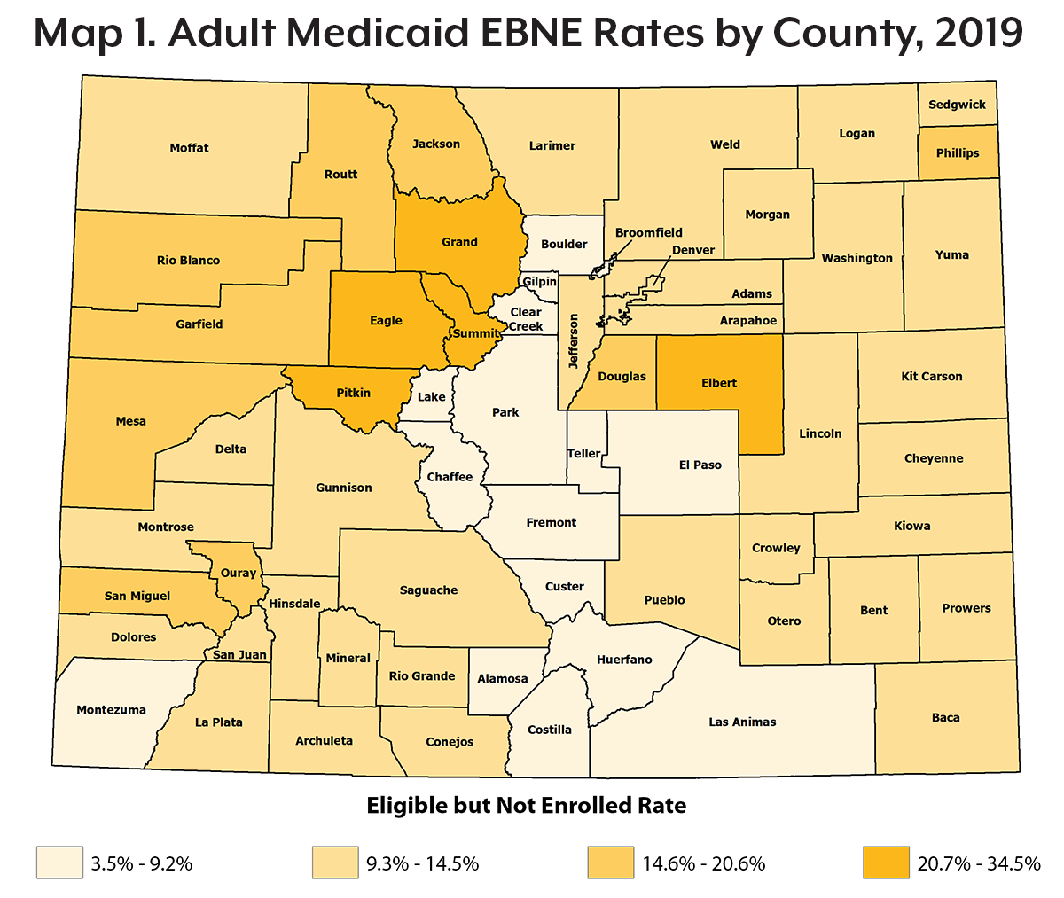 Map 1. Adult Medicaid EBNE Rates by County, 2019 
