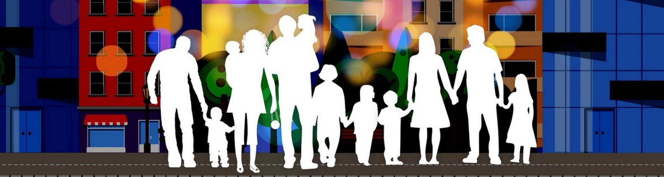 photo illustration of white silhouettes of people of various ages against a colorful streetscape background