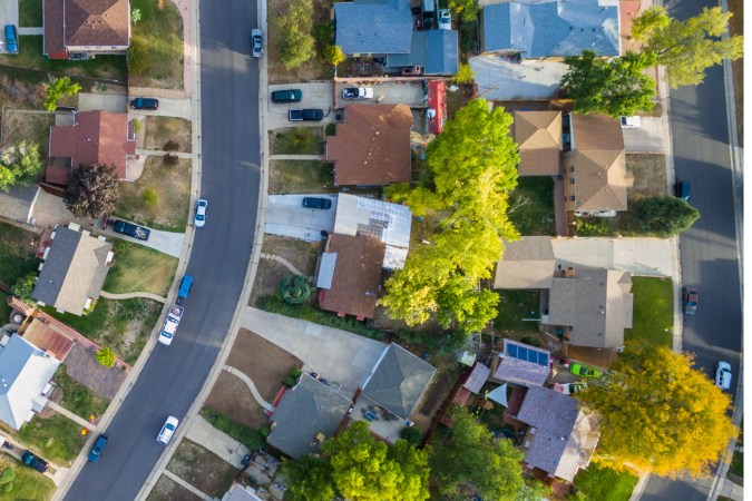 A block in a suburban neighborhood viewed from directly above