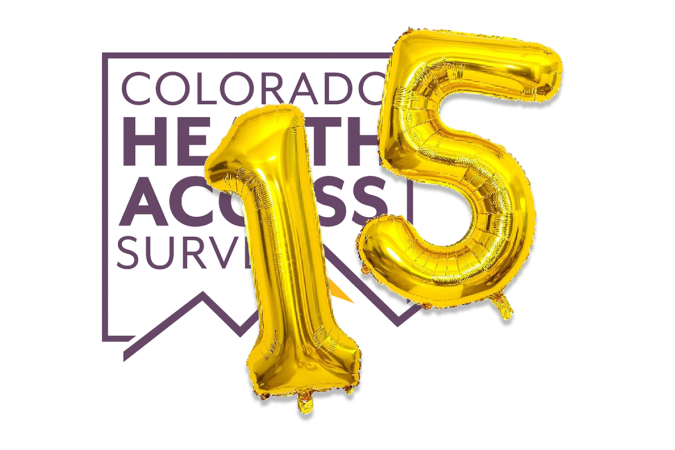 Balloons in the shape of the number 15 in front of the Colorado Health Access Survey logo