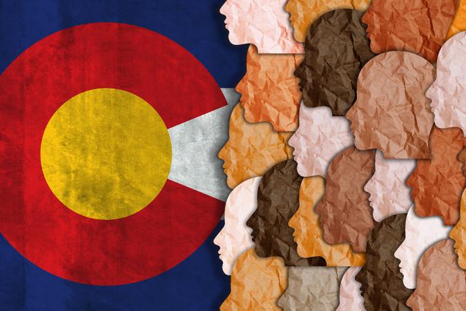 Art of the Colorado flag with cutout silhouette faces in various skin tones on the right side looking at the C symbol