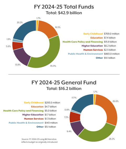 Graphic showing breakdown of FY2024-25 Total Funds ($42.9 billion) and General fund ($16.2 billion)