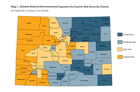 Colorado map showing exposure risk scores in CHI's Health and Climate Index, with the highest risk in Western Slope counties, plus Douglas and Teller