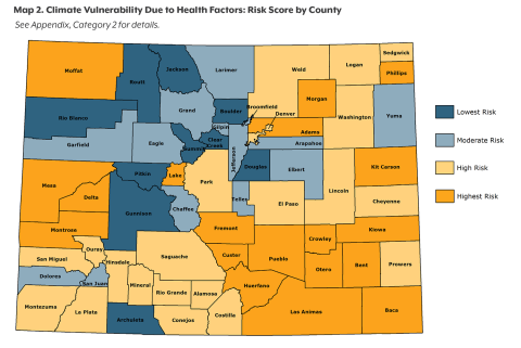 Colorado map showing health risk scores in CHI's Health and Climate Index, with the highest risk in southeastern Colorado, as well as Mesa, Montrose and Delta counties