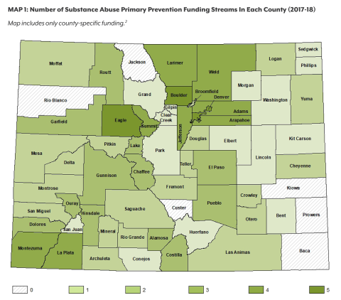 Colorado map showing the number of primary prevention funding streams per county, with the most on the Front Range, Eagle County, and southwestern Colorado, and the least on the Eastern Plains