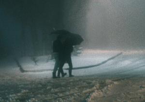 Two people pictured from the back holding an umbrella and walking into a snowstorm at night